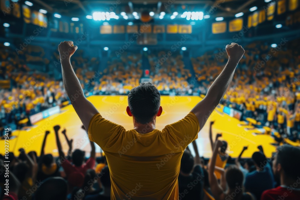 Basketball player in yellow jersey raises his arms in celebration as crowd cheers on from behind him during high-stakes sports event. Vibrant colors, energetic atmosphere capture excitement of game. Basketball player in yellow jersey raises his arms in celebration as crowd cheers on from behind him during high-stakes sports event. Vibrant colors, energetic atmosphere capture excitement of game.