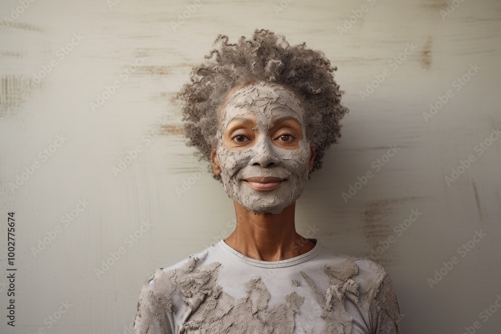 Portrait of a tender afro-american woman in her 60s showing off a lightweight base layer isolated in bare concrete or plaster wall Portrait of a tender afro-american woman in her 60s showing off a lightweight base layer isolated in bare concrete or plaster wall