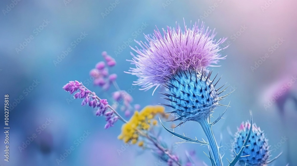 A close-up view of a prickly purple thistle flower against a soft blue background. There's also a purple and yellow flower nearby. It's a beautiful nature scene. A close-up view of a prickly purple thistle flower against a soft blue background. There's also a purple and yellow flower nearby. It's a beautiful nature scene.