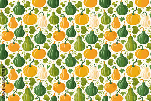 Seamless pattern with pumpkins and green leaves on white background