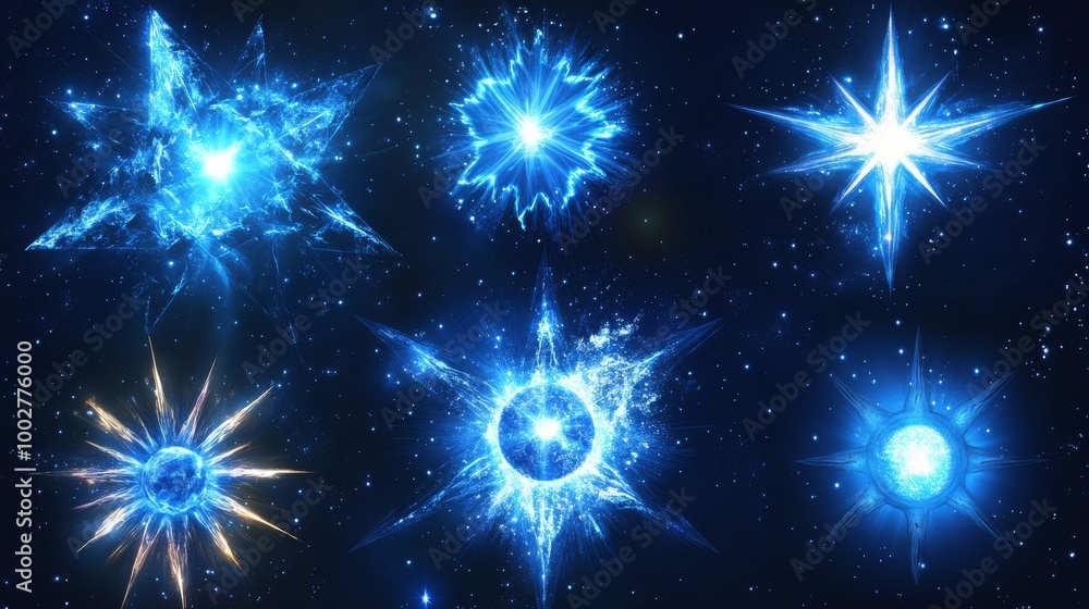 A collection of blue star images and yellow sun images, all designed with realistic details. They also include bright, glowing effects. A collection of blue star images and yellow sun images, all designed with realistic details. They also include bright, glowing effects.