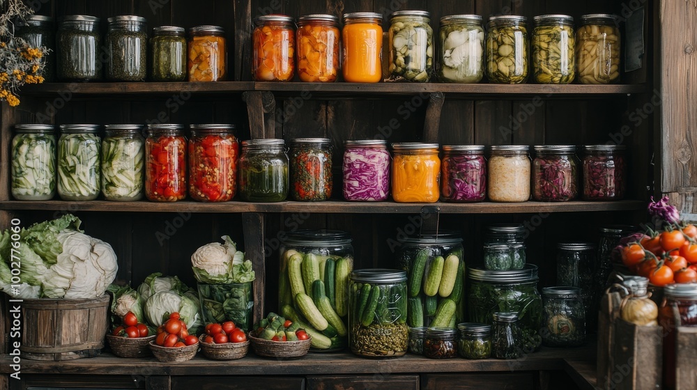 A collection of glass jars filled with pickled cucumbers, tomatoes, and cabbage. There are also jars of other pickled vegetables and canned food, arranged in a rustic style. A collection of glass jars filled with pickled cucumbers, tomatoes, and cabbage. There are also jars of other pickled vegetables and canned food, arranged in a rustic style.