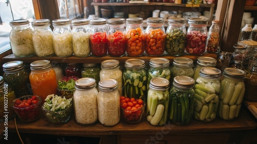 A collection of glass jars filled with pickled cucumbers, tomatoes, and cabbage. There are also jars of other pickled vegetables and canned food, arranged in a rustic style.