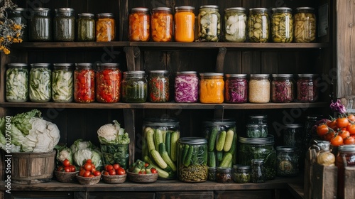 Wallpaper Mural A collection of glass jars filled with pickled cucumbers, tomatoes, and cabbage. There are also jars of other pickled vegetables and canned food, arranged in a rustic style. Torontodigital.ca