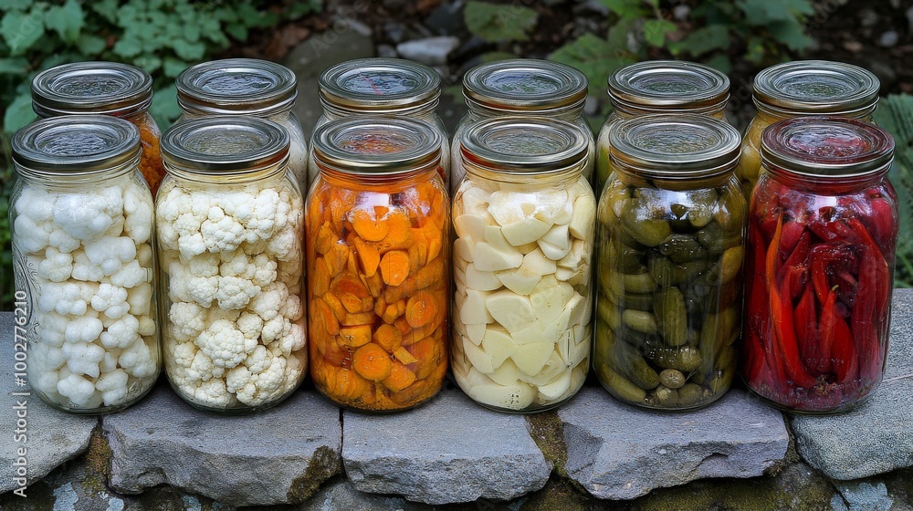 A collection of vegetables preserved in jars. They've been salted and stored in glass jars for a long time. The jars are sitting on a stone surface. The photo is taken from above. A collection of vegetables preserved in jars. They've been salted and stored in glass jars for a long time. The jars are sitting on a stone surface. The photo is taken from above.