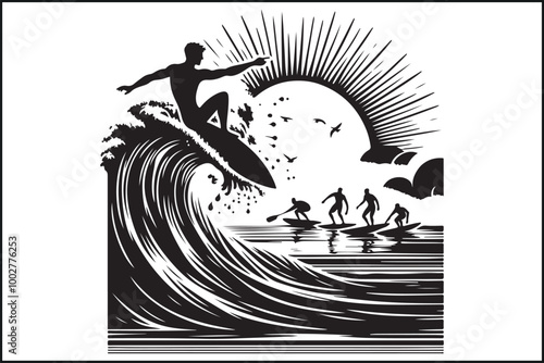 Black Surfing Icons and Silhouettes Set
