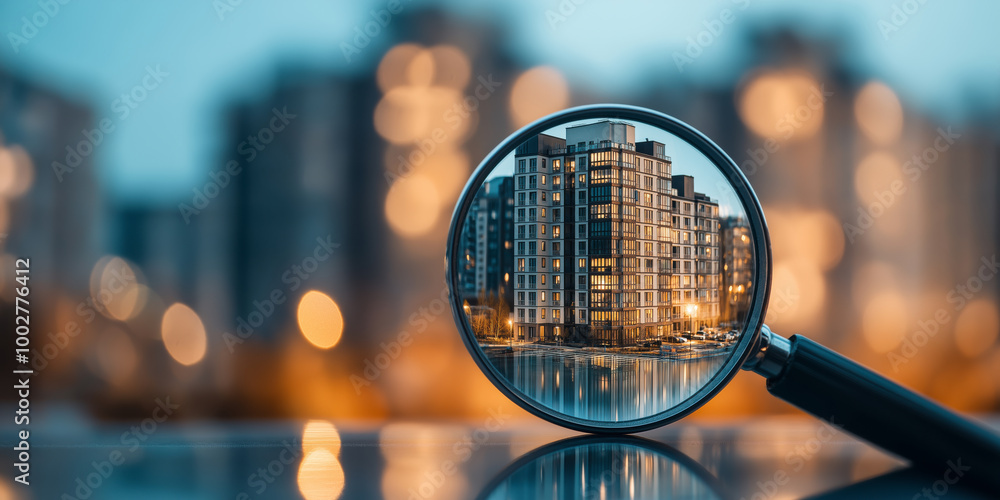 Magnifying glass focusing on modern apartment building, illustrating concepts of urban real estate, property search, investment in residential buildings, apartment rental, and city living Magnifying glass focusing on modern apartment building, illustrating concepts of urban real estate, property search, investment in residential buildings, apartment rental, and city living