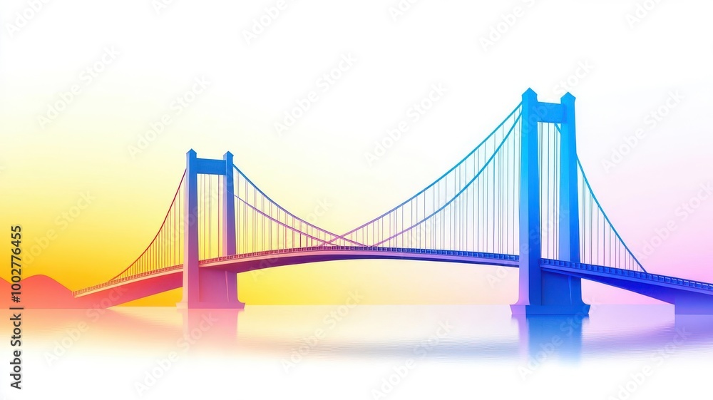 Fototapeta premium Simplified bridge structure, wide-angle perspective, soft light, metallic tones, digital rendering