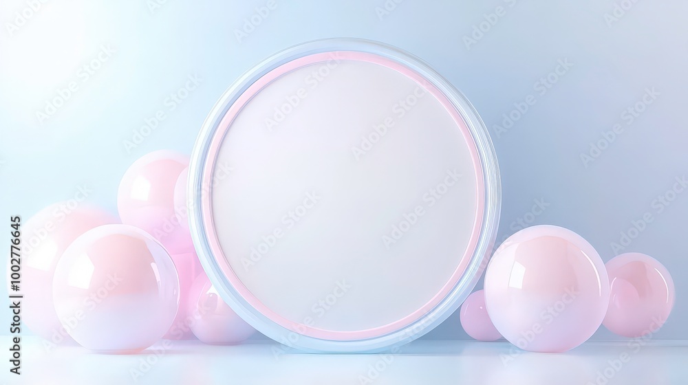 A white circle with pink and blue swirls is surrounded by pink and blue spheres, which can be manipulated to add images to the circle area.