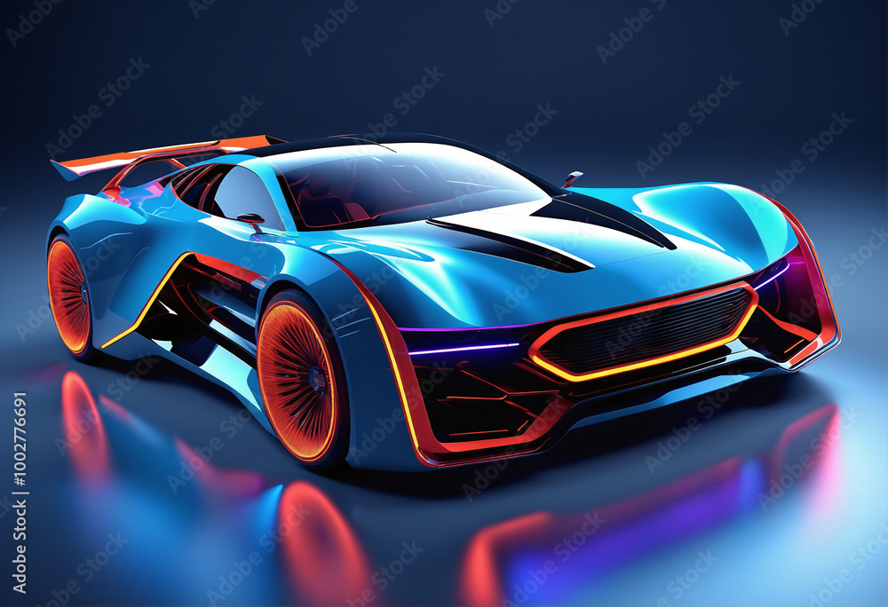 fictional vibrant Blue Car Design with Orange Accents and Glowing fictional vibrant Blue Car Design with Orange Accents and Glowing