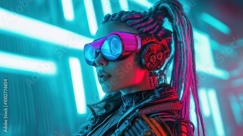 In a lively urban environment, a cyber goth with striking neon accessories and elaborate hairstyles captures attention against vivid illuminated backgrounds, embodying a bold aesthetic photo