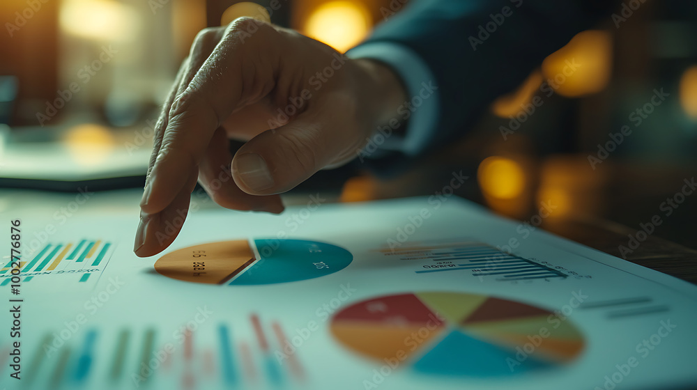 A businessman pointing at colorful pie charts on a report, emphasizing data analysis and insights in a professional setting. A businessman pointing at colorful pie charts on a report, emphasizing data analysis and insights in a professional setting.
