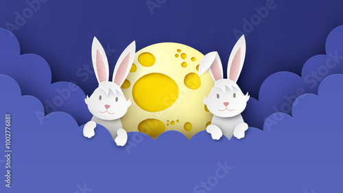 Rabbit and the Full Moon. Mid-Autumn Festival. paper cut and craft style. vector, illustration.