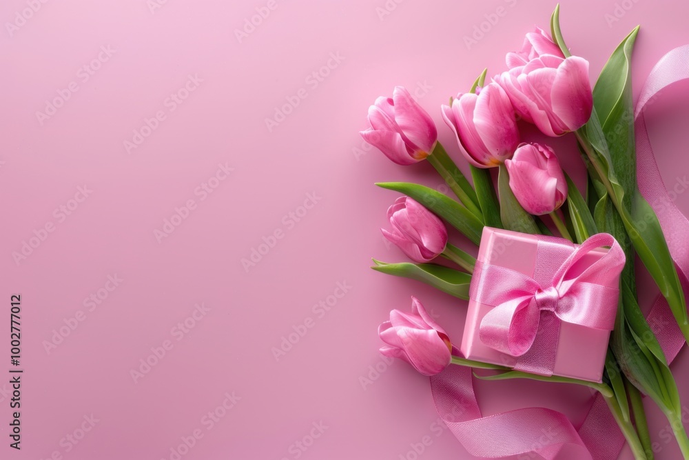 Pink Gift Box with Tulips on Pastel Background: Elegant Floral Arrangement for Spring Celebrations Pink Gift Box with Tulips on Pastel Background: Elegant Floral Arrangement for Spring Celebrations