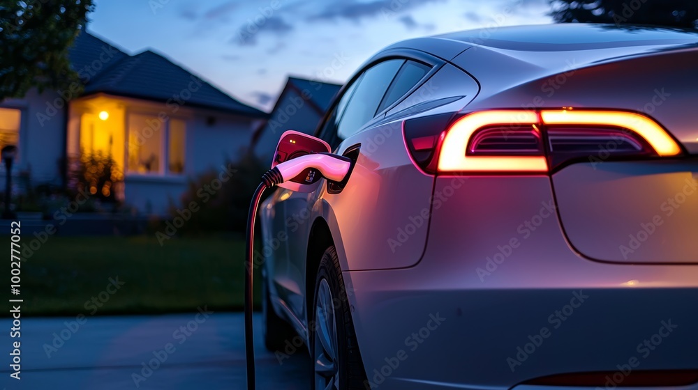 A serene suburban evening where an electric car quietly charges, symbolizing the quiet revolution of renewable energy in everyday life. A serene suburban evening where an electric car quietly charges, symbolizing the quiet revolution of renewable energy in everyday life.