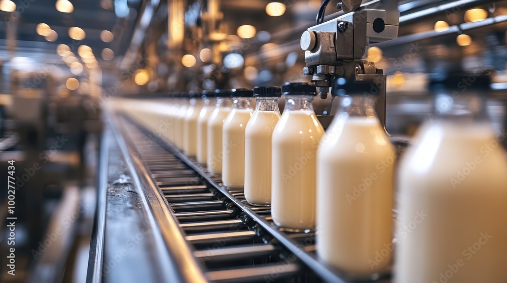 A row of glass bottles filled with milk moves along a production line in a dairy factory under bright industrial lights. A row of glass bottles filled with milk moves along a production line in a dairy factory under bright industrial lights.