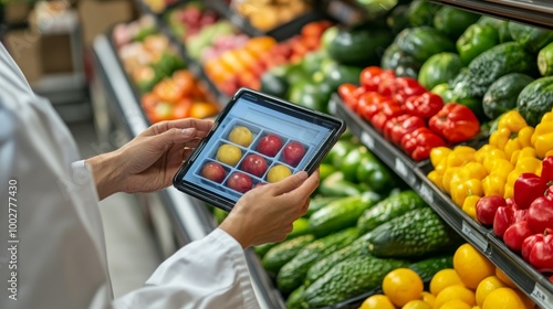 Fototapeta Naklejka Na Ścianę i Meble -  A person using a tablet to manage or inspect fresh produce in a grocery store filled with colorful fruits and vegetables.
