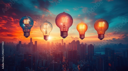 Vibrant light bulbs illuminate a stunning skyline at sunset, showcasing creativity and innovation against a colorful backdrop.