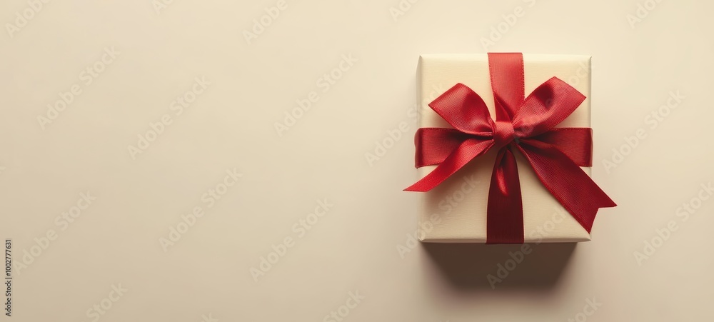 A beautifully wrapped gift box with a festive red ribbon and bow, placed on a white backdrop A beautifully wrapped gift box with a festive red ribbon and bow, placed on a white backdrop