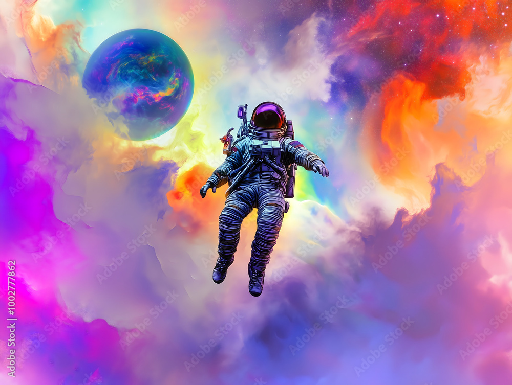 Space Man Drifting in Big Open Colorful Cloud Space Space Man Drifting in Big Open Colorful Cloud Space