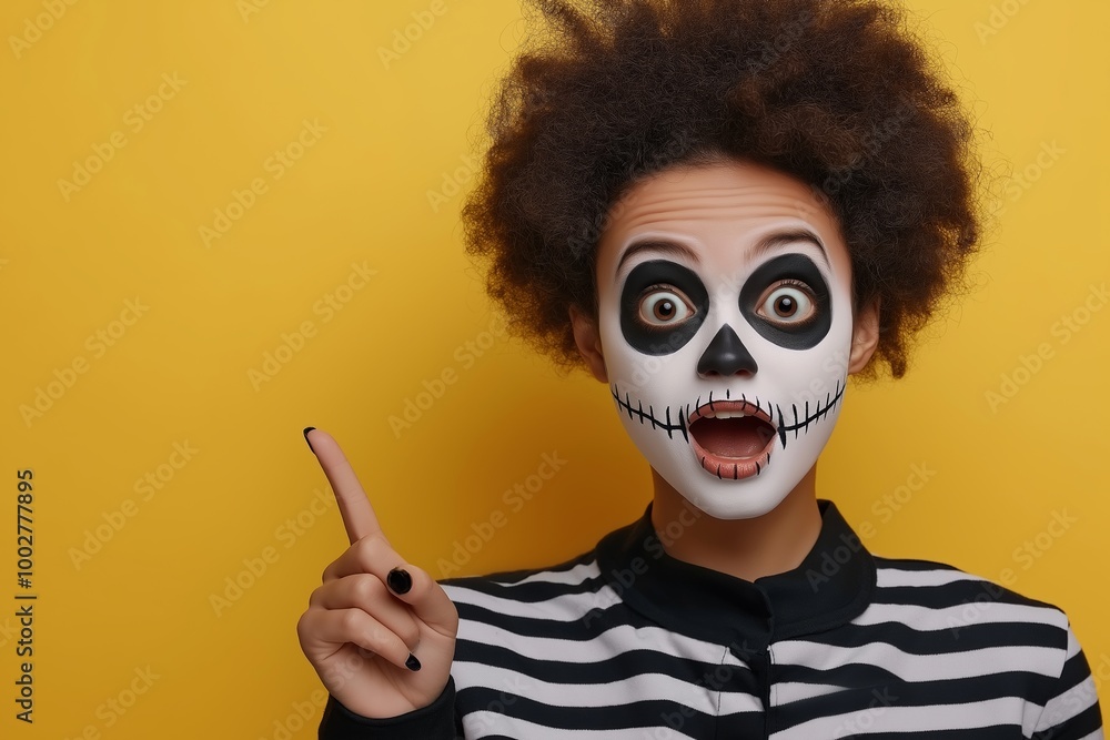 Woman with skeleton face and black shirt pointing. Background is yellow. Happy Halloween concept. Scared horrible female in special outfit, wears white clay skull, professional makeup to look spooky, Woman with skeleton face and black shirt pointing. Background is yellow. Happy Halloween concept. Scared horrible female in special outfit, wears white clay skull, professional makeup to look spooky,
