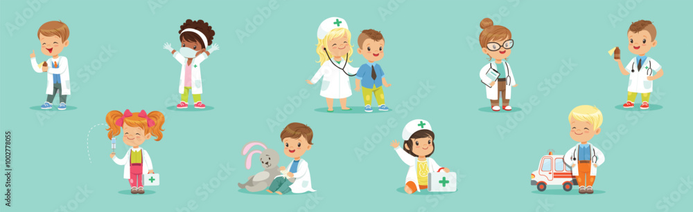 Adorable Kids Playing Doctor in Hospital Costume Vector Set Adorable Kids Playing Doctor in Hospital Costume Vector Set