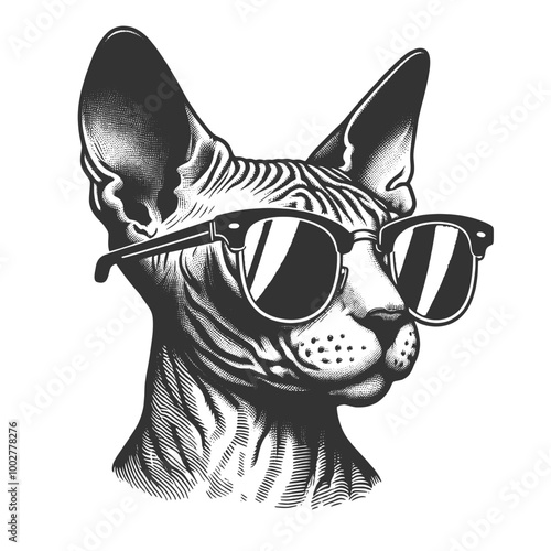 Sphynx cat confidently wearing sunglasses, exuding coolness and attitude sketch engraving generative ai vector illustration. Scratch board imitation. Black and white image.