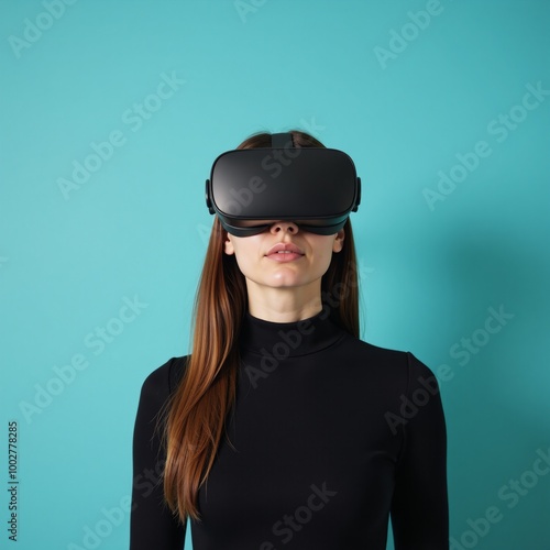 Metaverse scene Woman in futuristic setting wearing VR goggles against a light blue wall backdrop symbolizing modern living