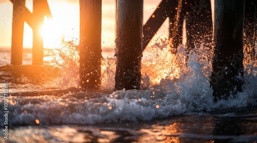 A close-up of a wave crashing against a pier at sunrise, with the wooden beams creating dynamic lines in the composition