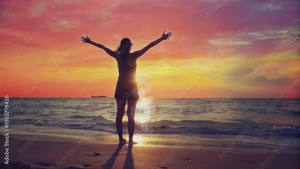 Woman Silhouette Facing Sunset on a Beach Woman Silhouette Facing Sunset on a Beach