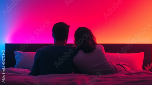 A couple in a hightech bedroom, using a smart home app to control the lighting and thermostat, creating a serene and comfortable atmosphere for a good night s sleep photo