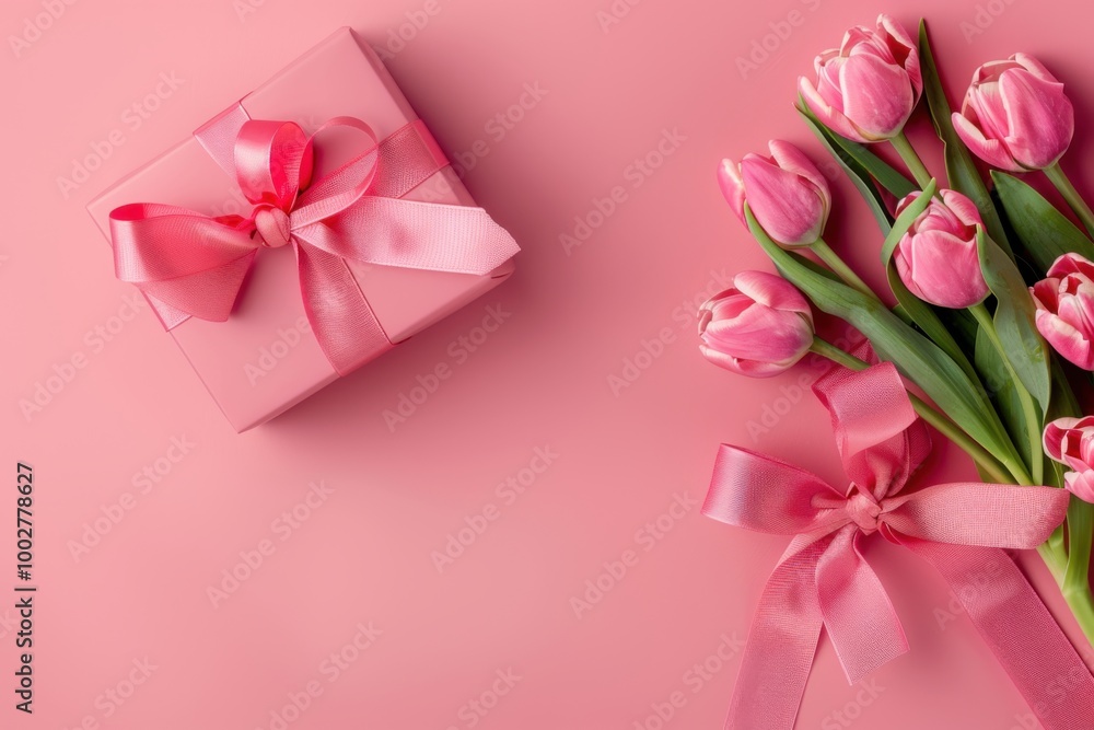 Pink Gift Box with Tulips on Pastel Background: Elegant Floral Arrangement for Spring Celebrations Pink Gift Box with Tulips on Pastel Background: Elegant Floral Arrangement for Spring Celebrations