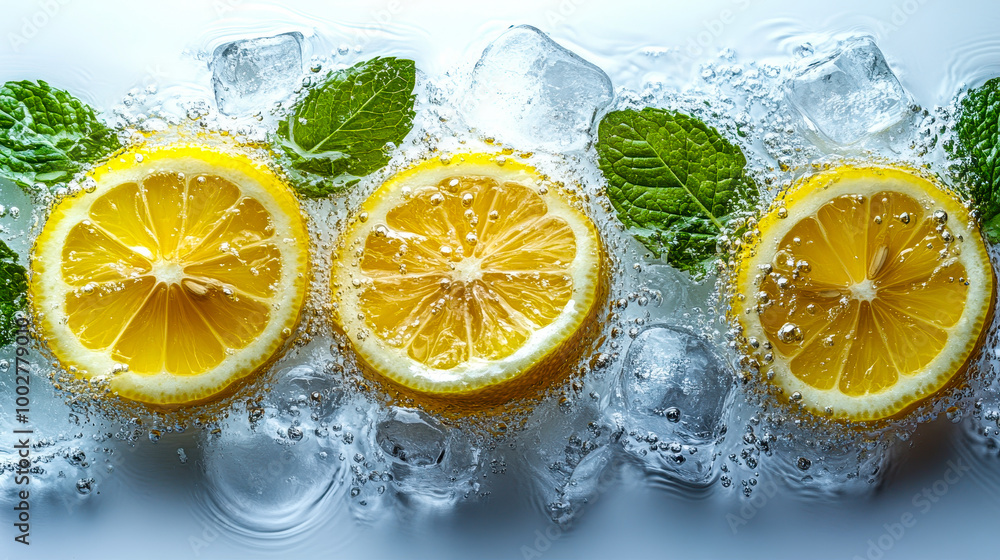Fresh Lemon Slices with Mint Leaves and Ice Cubes in Water Splash on White Background - Refreshing Citrus Concept for Beverages Fresh Lemon Slices with Mint Leaves and Ice Cubes in Water Splash on White Background - Refreshing Citrus Concept for Beverages