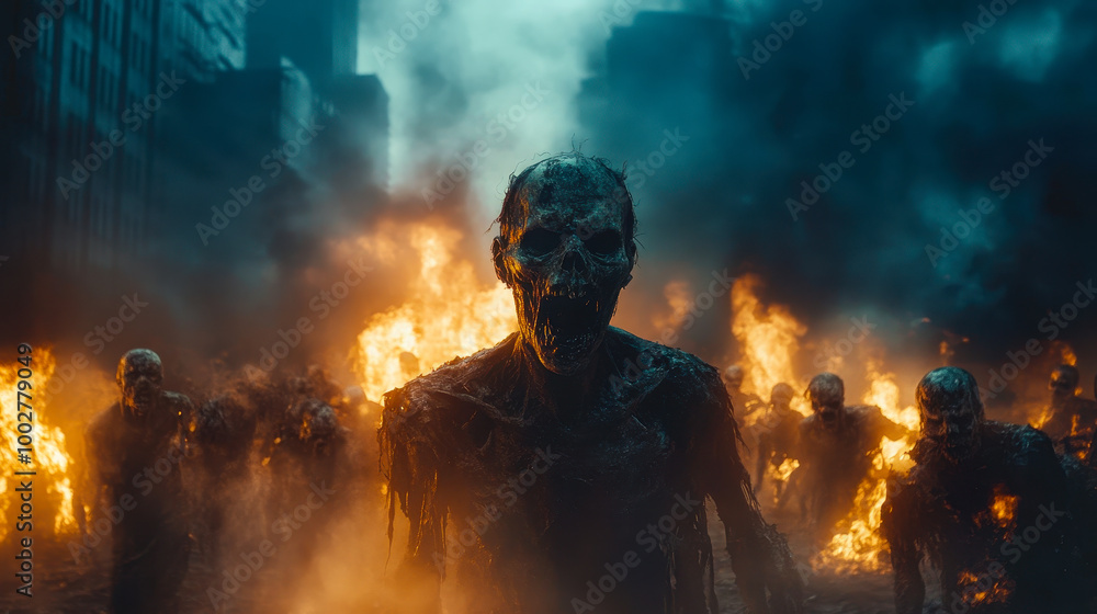 Obraz premium Terrifying Zombie Horde Marching through Burning City at Night with Apocalyptic Atmosphere
