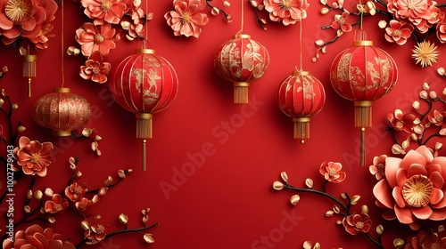 Vibrant Chinese New Year Red Backdrop with Intricate Patterns Festive Lanterns and Symbols of Luck and Happiness  Traditional Chinese and elements for lunar new year floral motifs auspicious symbols photo