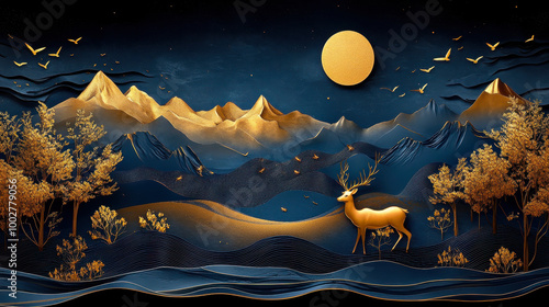 Fototapeta Naklejka Na Ścianę i Meble -  Elegant 3D Modern Art Mural with Dark Blue and Golden Waves, Mountains, Deer, Birds, and Full Moon - Luxurious Nature-Inspired Abstract Wallpaper for Contemporary Interiors