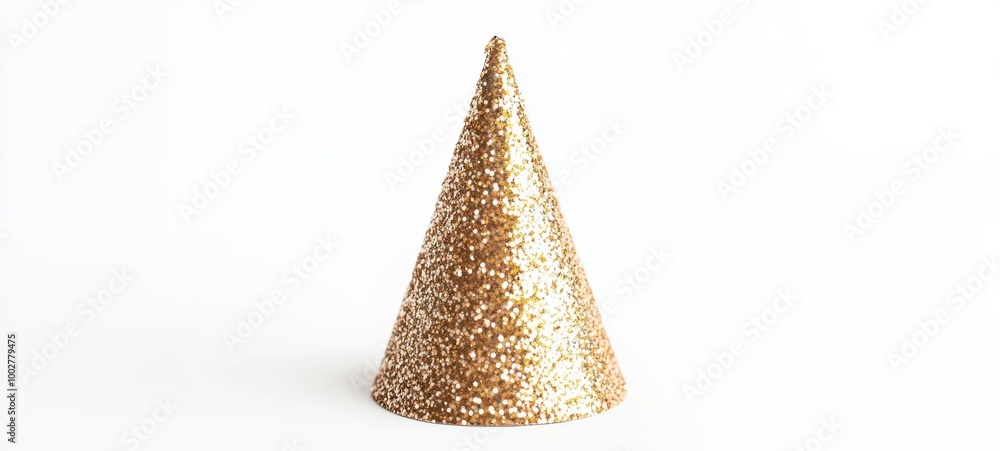 A glittering gold New Year Eve party hat with sparkly details, centered on a clean white background A glittering gold New Year Eve party hat with sparkly details, centered on a clean white background