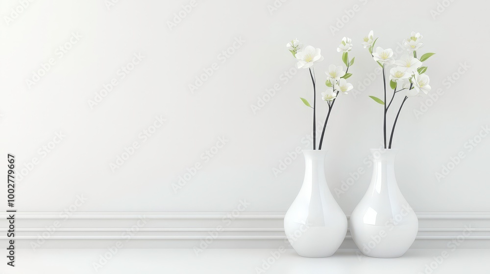Two white vases with flowers in them sit on a white wall Two white vases with flowers in them sit on a white wall