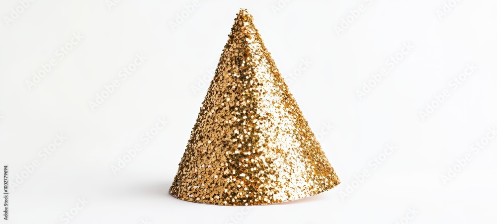 A glittering gold New Year Eve party hat with sparkly details, centered on a clean white background A glittering gold New Year Eve party hat with sparkly details, centered on a clean white background