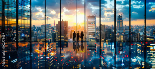 Business Professionals Overlooking City Skyline at Sunset in Modern Office Building with Glass Windows, Reflective Floors, and Urban Landscape, Capturing Corporate Ambiance and Urban Planning Concepts