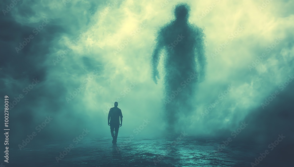 A man backing away from a shadowy figure in the distance, his face filled with panic, as the unknown threat approaches A man backing away from a shadowy figure in the distance, his face filled with panic, as the unknown threat approaches