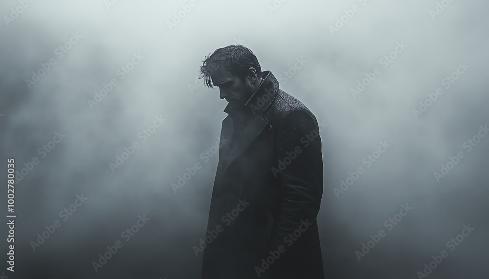 A man backing away from a shadowy figure in the distance, his face filled with panic, as the unknown threat approaches A man backing away from a shadowy figure in the distance, his face filled with panic, as the unknown threat approaches