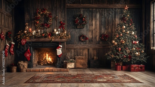 Cozy and nostalgic vintage Christmas scene featuring a rustic fireplace with classic holiday decor a beautifully decorated Christmas tree and a warm inviting atmosphere photo