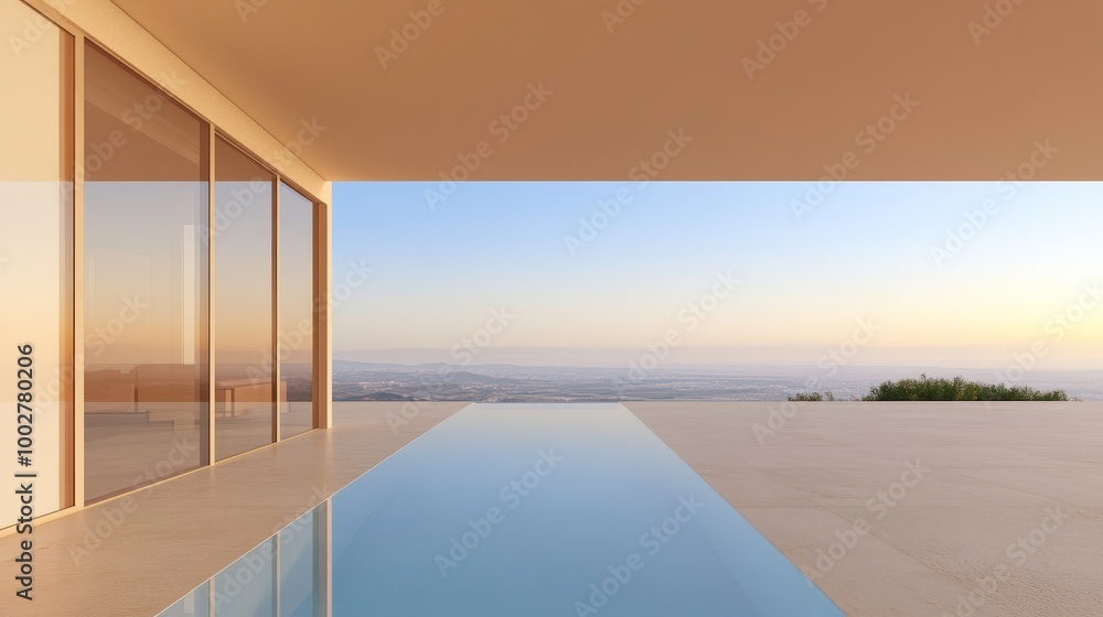 Fototapeta premium A long pool with a view of the city and mountains