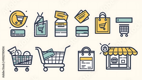 Set of minimalist e-commerce icons designed with clean lines and simple shapes, representing shopping