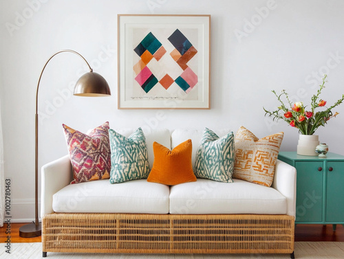 Minimalist living room with a plush white sofa, vibrant pillows in bold geometric patterns, rattan cabinet topped with modern decor, framed abstract art, and a chic arc lamp.