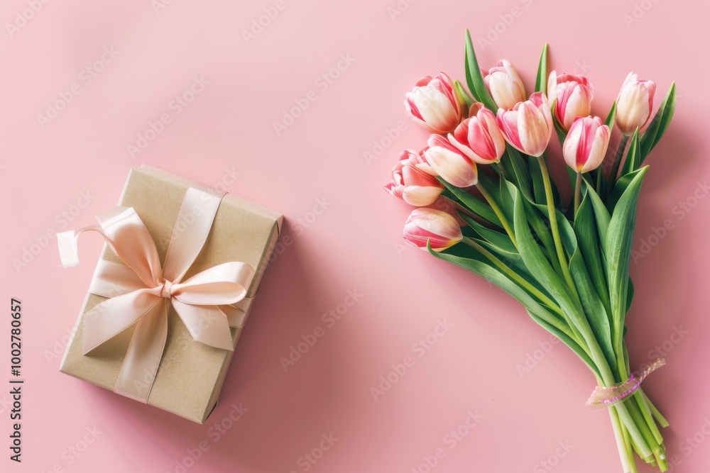 Pink Gift Box with Tulips on Pastel Background: Elegant Floral Arrangement for Spring Celebrations Pink Gift Box with Tulips on Pastel Background: Elegant Floral Arrangement for Spring Celebrations