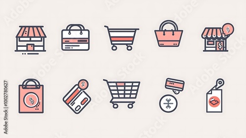 Set of minimalist e-commerce icons designed with clean lines and simple shapes, representing shopping