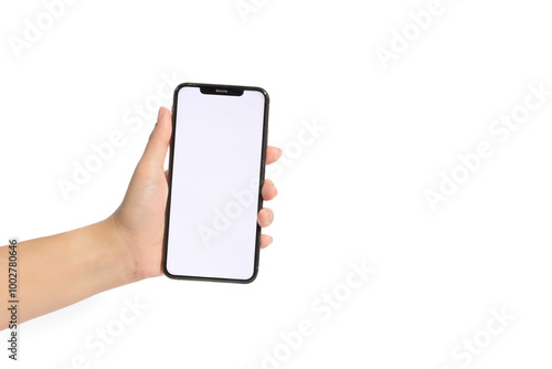 A person is holding a phone with a white background photo