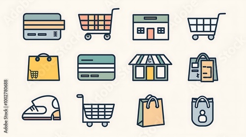 E-commerce icon collection showcasing essential shopping elements with clean and bold designs